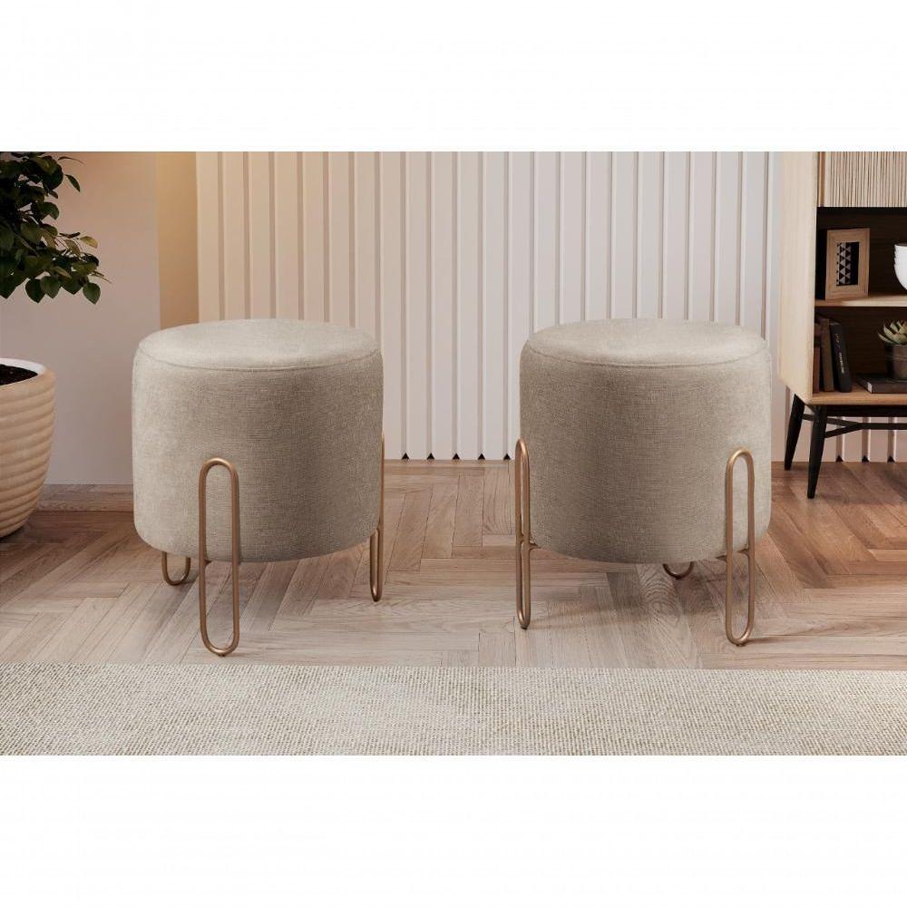 Conjunto - 2 Puffs Banqueta Mali Luxo Base Metálica Bronze Linho Cappuccino - 5