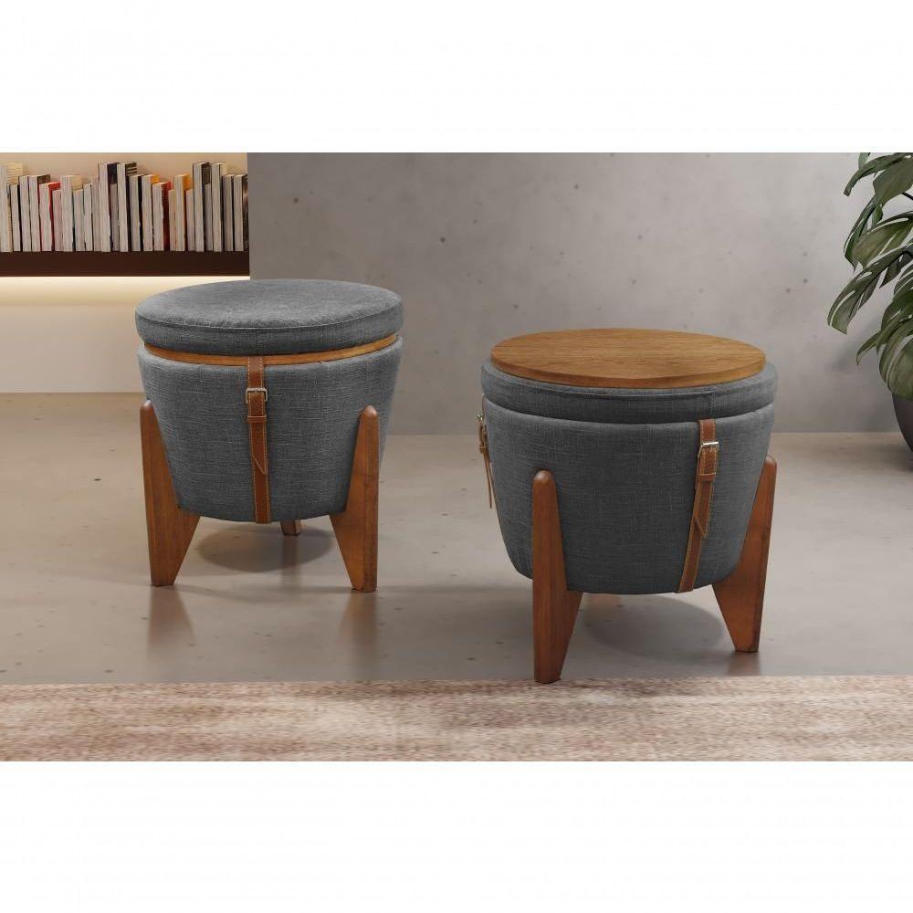 Conjunto - 2 Puffs Banqueta Fênix Baú Mesa Castellar Móbile Linho Cinza - 5