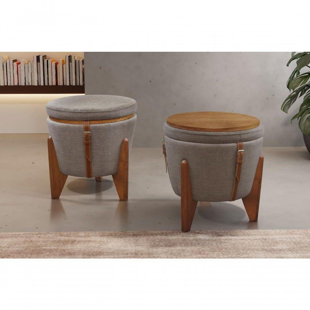 Conjunto - 2 Puffs Banqueta Fênix Baú Mesa Castellar Móbile Linho Cappuccino - 5