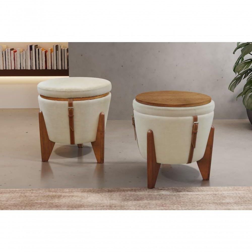 Conjunto - 2 Puffs Banqueta Fênix Baú Mesa Castellar Móbile Veludo Bege Claro - 5