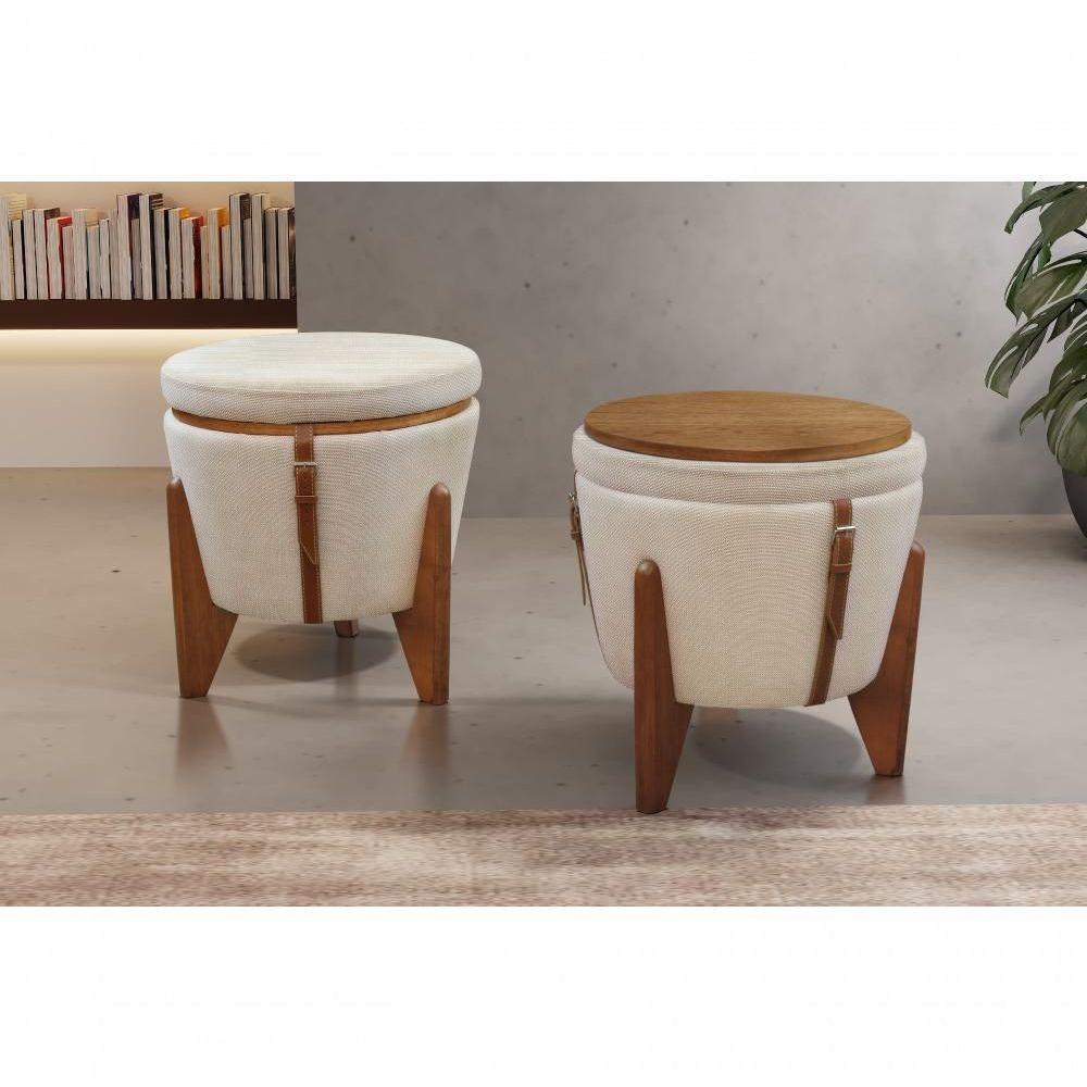 Conjunto - 2 Puffs Banqueta Fênix Baú Mesa Castellar Móbile Linho Bege Claro - 6
