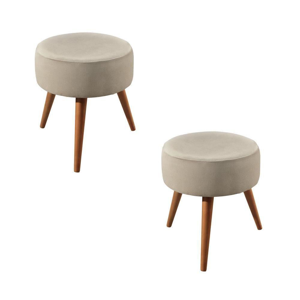 Conjunto - 2 Puffs Lippe Madeira Maciça Castellar Móbile Linho Bege Claro - 1