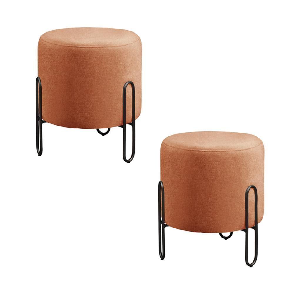 Conjunto - 2 Puffs Banqueta Mali Luxo Base Metálica Preta Linho Terracota - 1