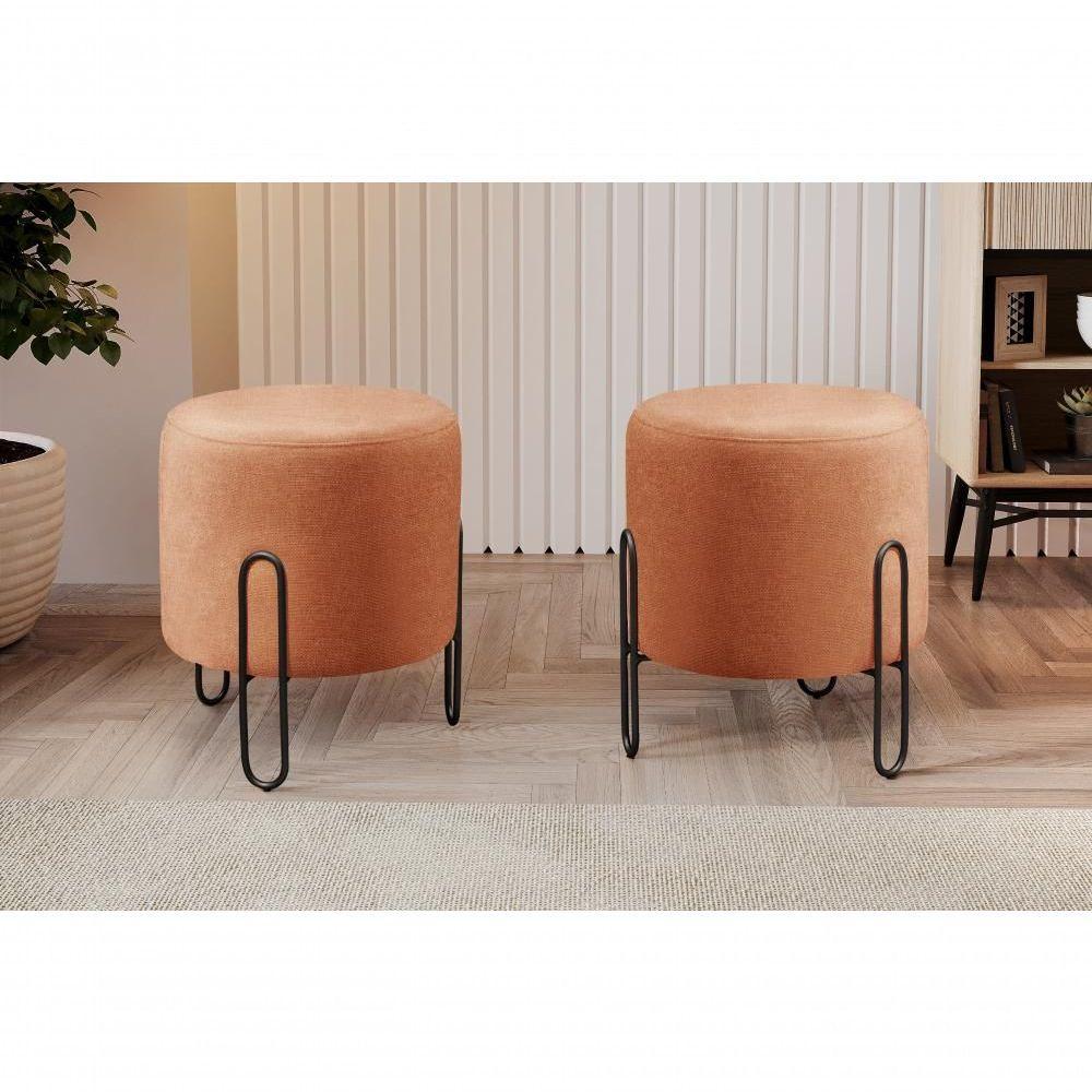 Conjunto - 2 Puffs Banqueta Mali Luxo Base Metálica Preta Linho Terracota - 5