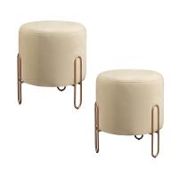 Conjunto - 2 Puffs Banqueta Mali Luxo Base Metálica Bronze Veludo Bege Claro - 1