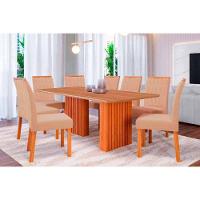 Sala De Jantar Completa Ester Tampo Madeirado 210x100cm E 8 Cadeiras Paola Cinamomo - Carvalho/suede Nude Bege - Cimol - 1