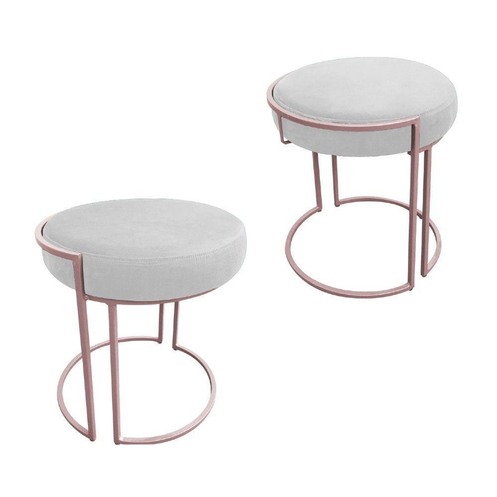 Puff Redondo Base Industrial Rosê Kit 2 Love Suede Cor Branco - 1
