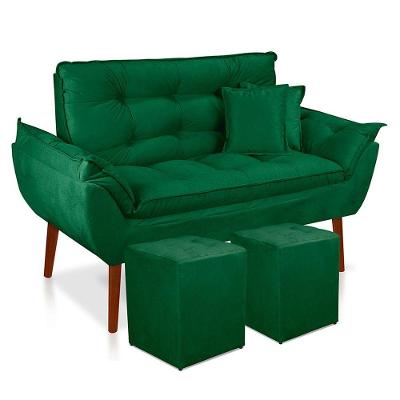 Kit Poltrona Decorativa Namoradeira 2 Puffs Quadrado E 2 Almofadas Suede - Lm Decor Verde