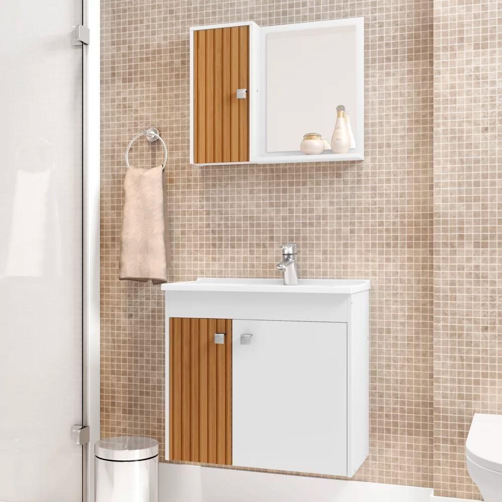 Kit Banheiro Gabinete 56cm Pia E Armário Com Espelho Munique Branco/ripado - Bechara - 2