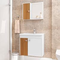 Kit Banheiro Gabinete 56cm Pia E Armário Com Espelho Munique Branco/ripado - Bechara - 2