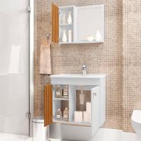 Kit Banheiro Gabinete 56cm Pia E Armário Com Espelho Munique Branco/ripado - Bechara - 5