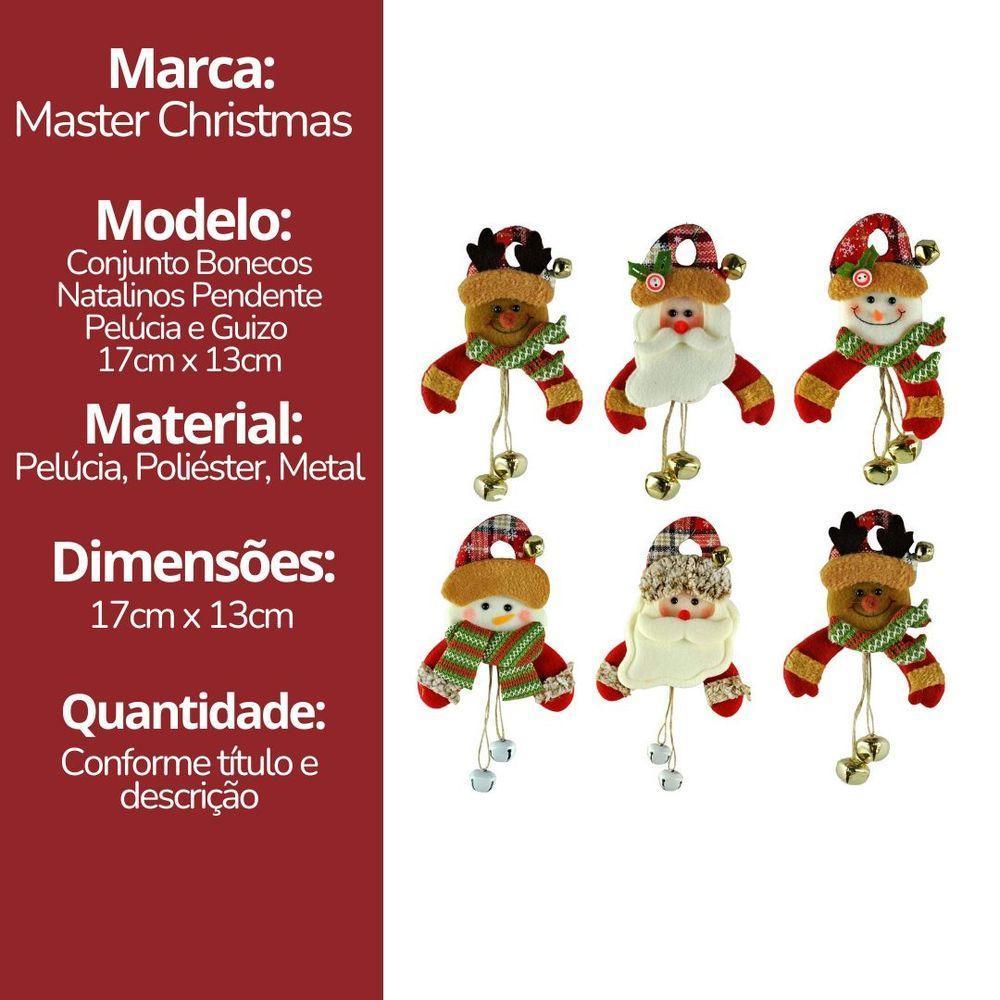 Kit Bonecos Natal Pelúcia Guizo Rena, Papai Noel, Boneco Neve 17cm 6 Peças - 6