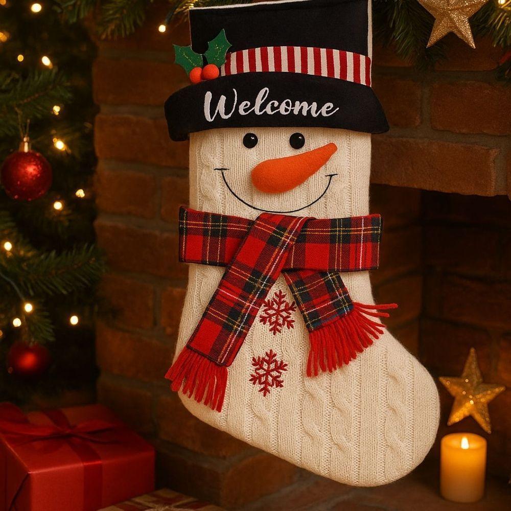Jogo 2 Meias Natalina Pelúcia Tricô Premium Boneco De Neve E Papai Noel 46cm - Magizi - 2