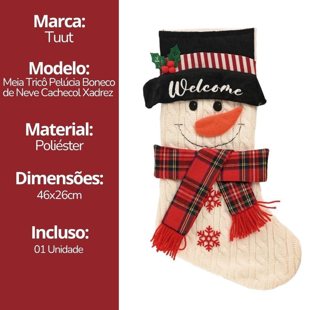 Jogo 2 Meias Natalina Pelúcia Tricô Premium Boneco De Neve E Papai Noel 46cm - Magizi - 9