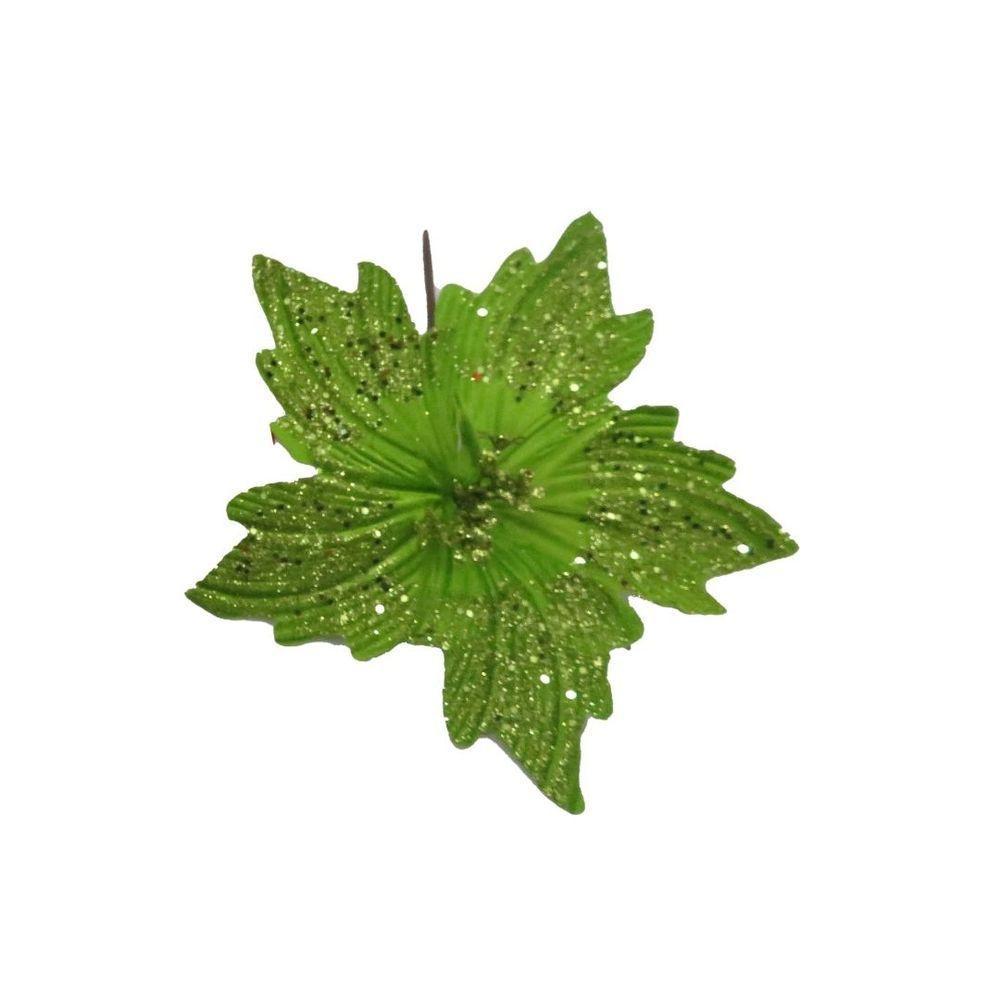 Flor Bico De Papagaio Pick Natal Glitter Lantejoulas Verde 20cm - Magizi - 1