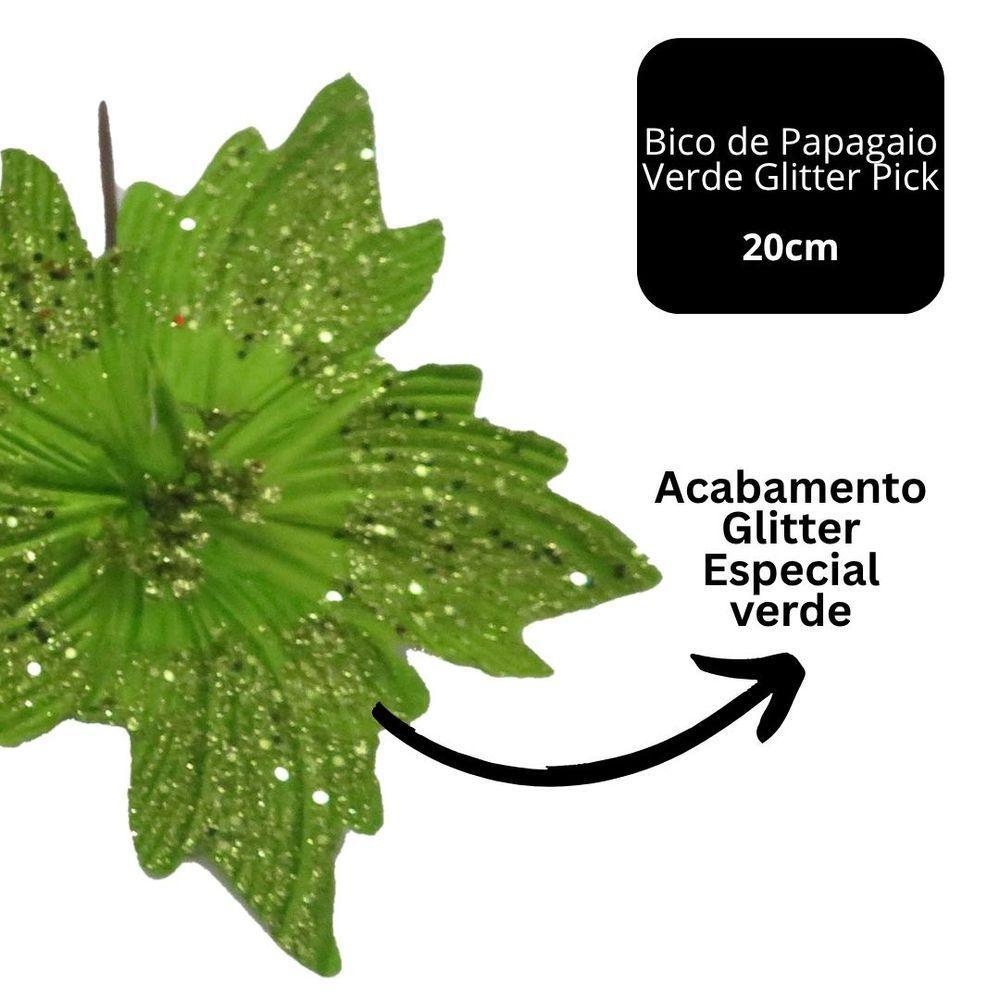 Flor Bico De Papagaio Pick Natal Glitter Lantejoulas Verde 20cm - Magizi - 3