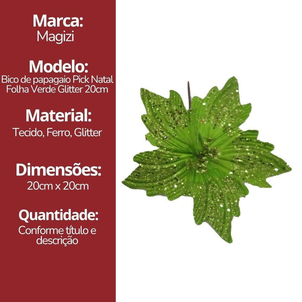 Flor Bico De Papagaio Pick Natal Glitter Lantejoulas Verde 20cm - Magizi - 5