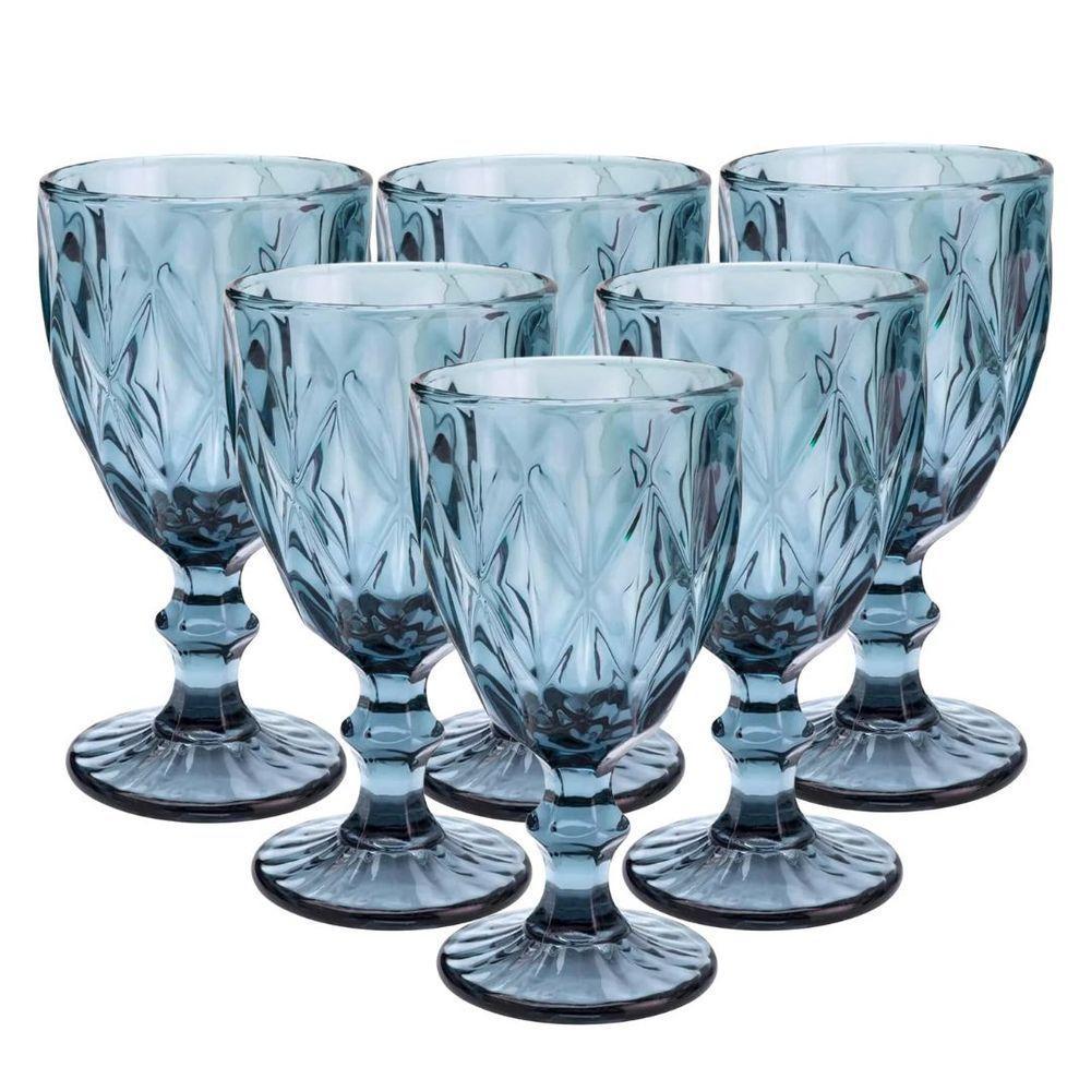 Jogo 6 Taças Vinho E água Vidro Diamond Azul Luxo 340ml - Vivaflor Decor - 1