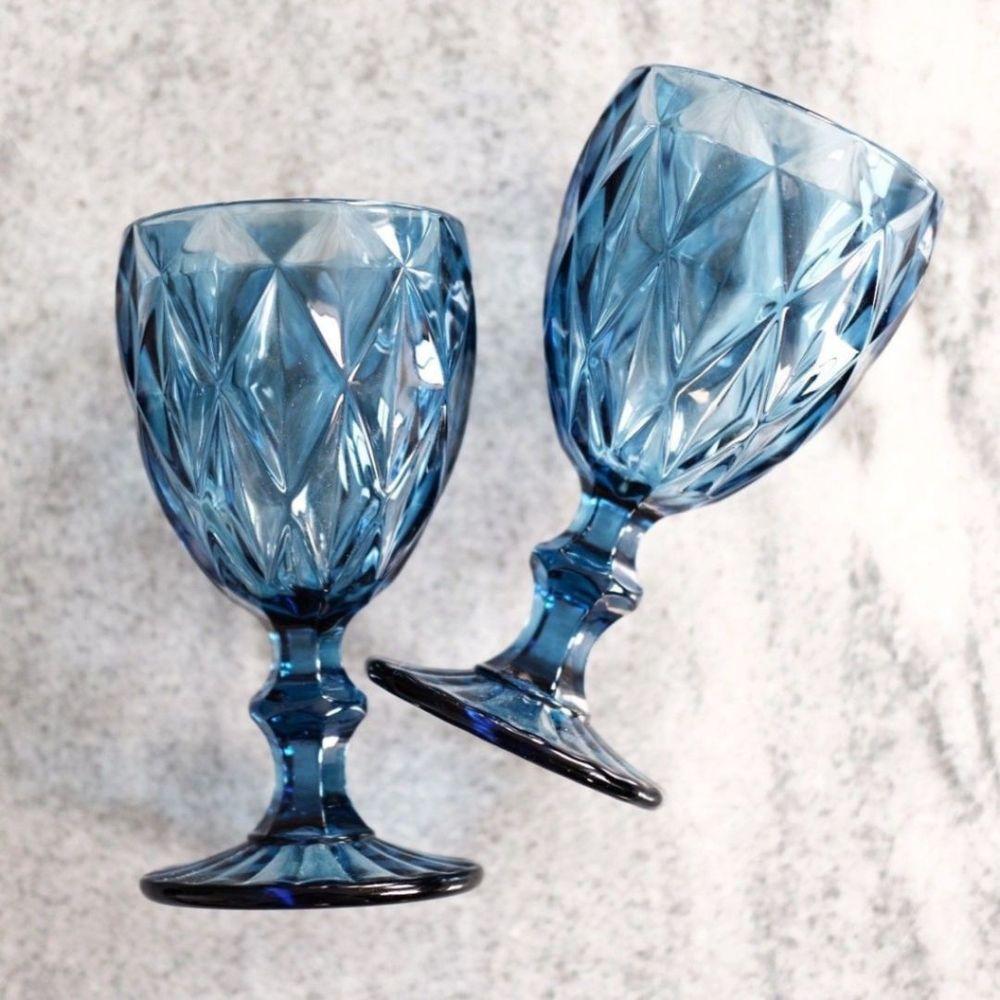Jogo 6 Taças Vinho E água Vidro Diamond Azul Luxo 340ml - Vivaflor Decor - 6