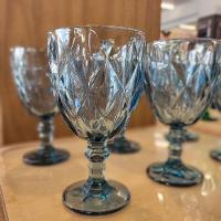 Jogo 6 Taças Vinho E água Vidro Diamond Azul Luxo 340ml - Vivaflor Decor