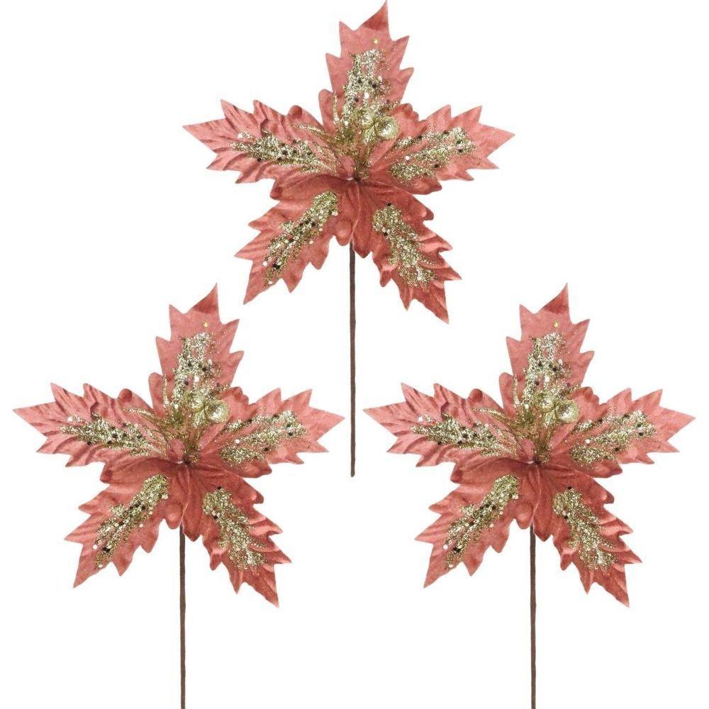 Kit 3 Flores Bico De Papagaio Veludo Rosê Pick Natal Glitter Dourado 24cm - Magizi - 1