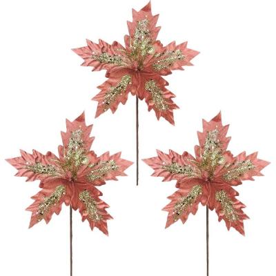 Kit 3 Flores Bico De Papagaio Veludo Rosê Pick Natal Glitter Dourado 24cm - Magizi