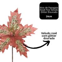 Kit 3 Flores Bico De Papagaio Veludo Rosê Pick Natal Glitter Dourado 24cm - Magizi - 3