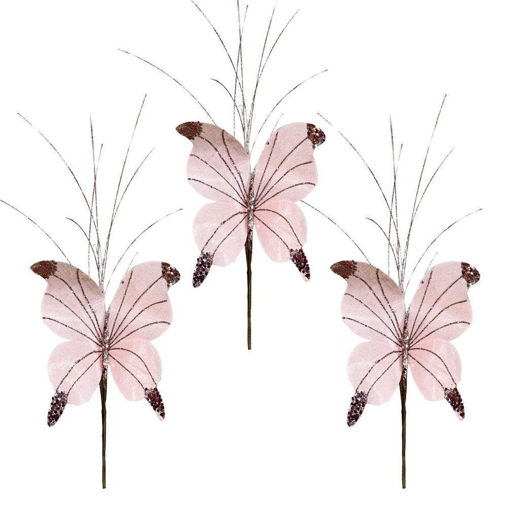Kit 3 Borboletas Pick Natal Rosê Full Glitter Luxo 23cm - Magizi - 1