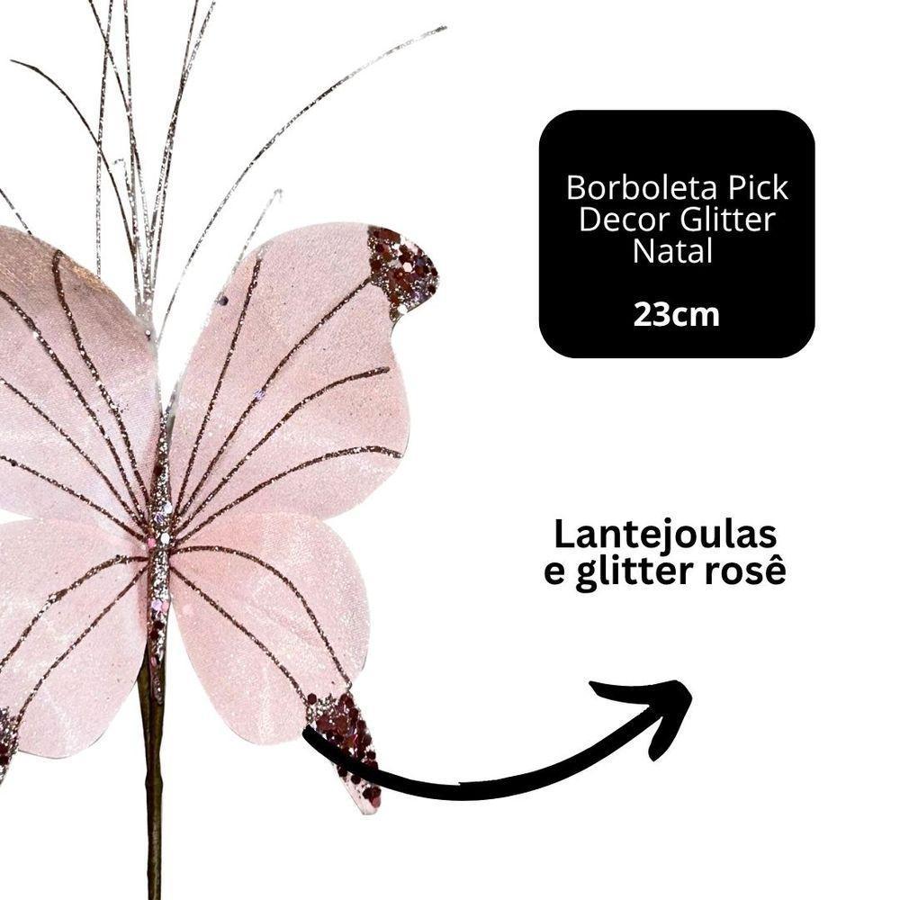 Kit 3 Borboletas Pick Natal Rosê Full Glitter Luxo 23cm - Magizi - 3