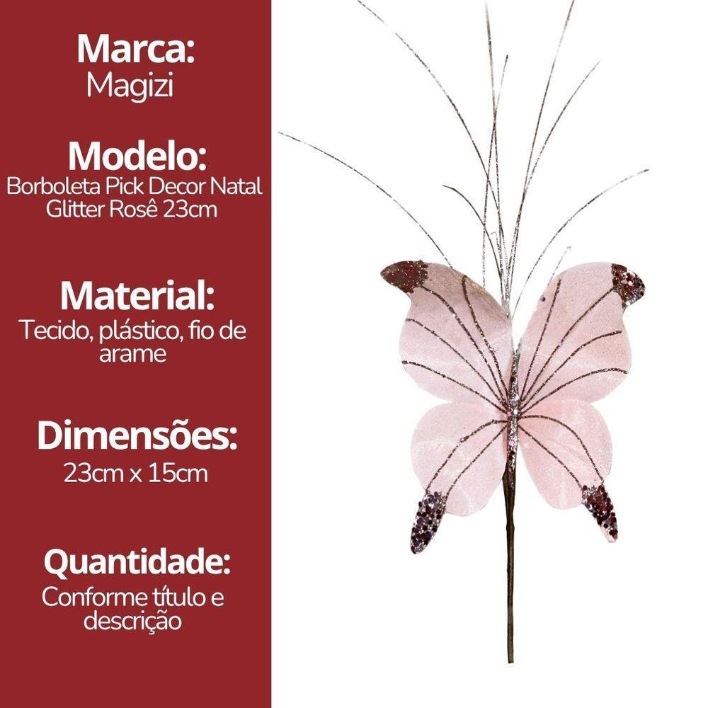 Kit 3 Borboletas Pick Natal Rosê Full Glitter Luxo 23cm - Magizi - 7