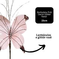 Kit 3 Borboletas Pick Natal Rosê Full Glitter Luxo 23cm - Magizi - 3