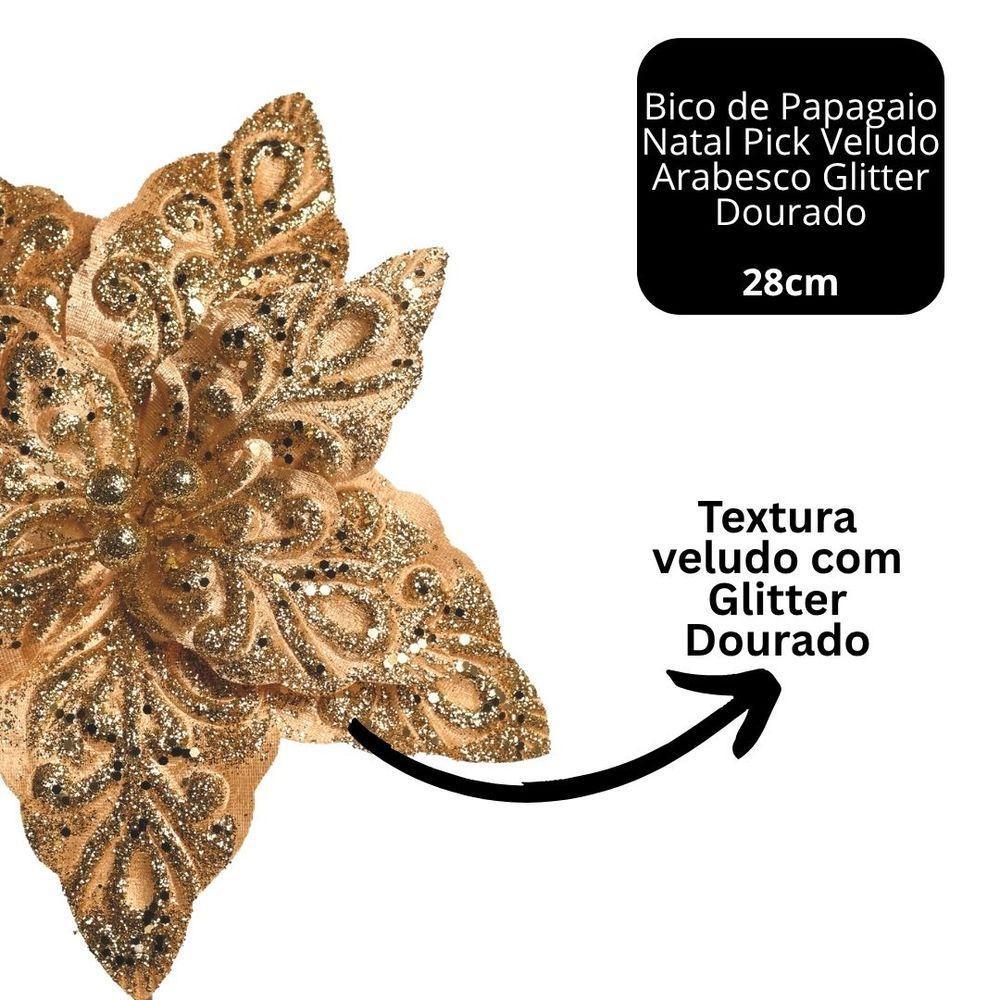 Kit 3 Flores Bico De Papagaio Pick Natal Veludo Arabesco Glitter Dourado 28cm - Magizi - 5