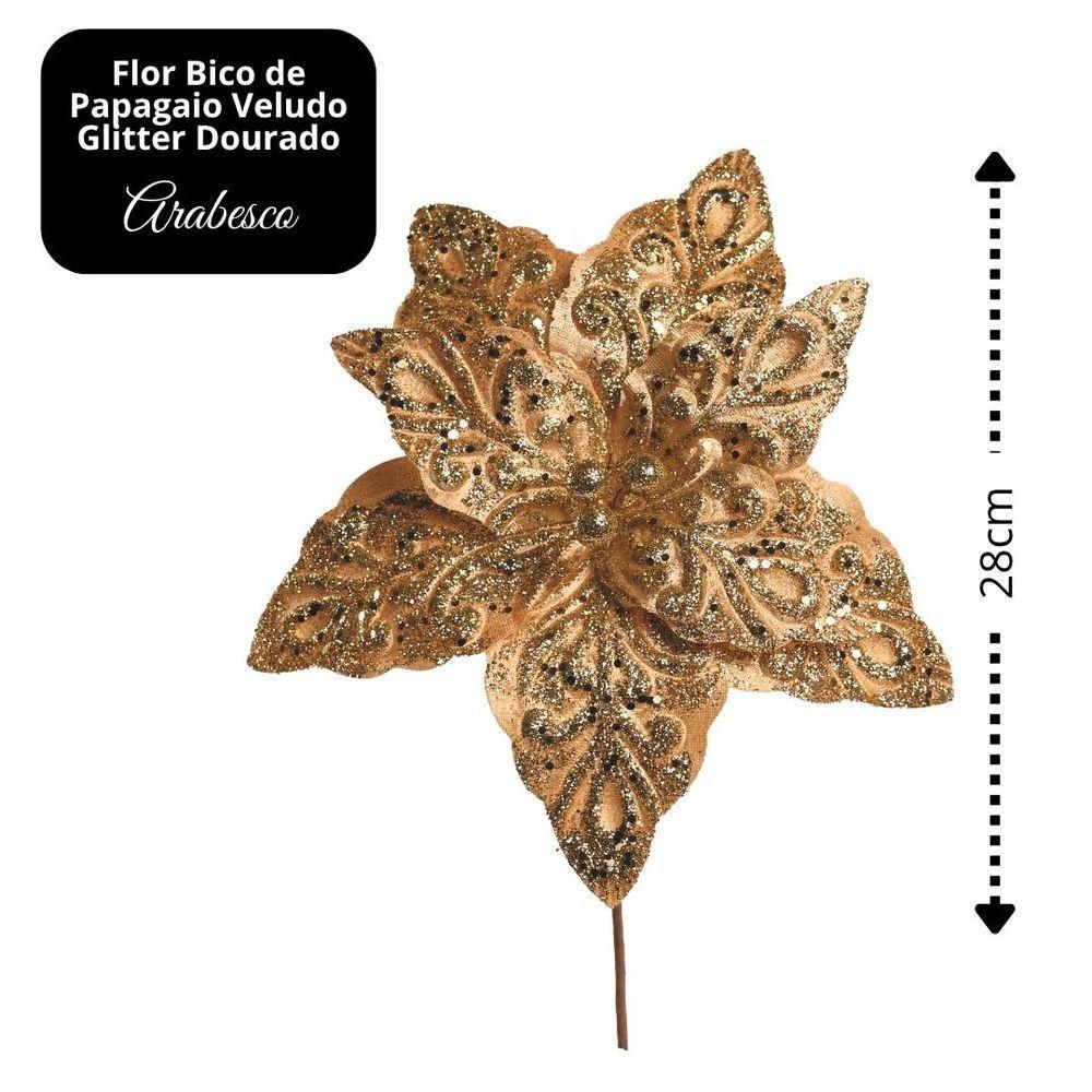 Kit 3 Flores Bico De Papagaio Pick Natal Veludo Arabesco Glitter Dourado 28cm - Magizi - 6