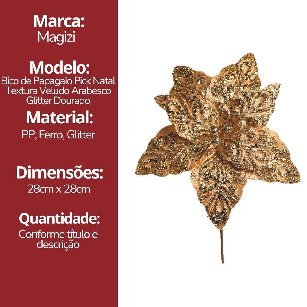 Kit 3 Flores Bico De Papagaio Pick Natal Veludo Arabesco Glitter Dourado 28cm - Magizi - 7