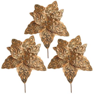 Kit 3 Flores Bico De Papagaio Pick Natal Veludo Arabesco Glitter Dourado 28cm - Magizi