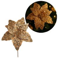 Kit 3 Flores Bico De Papagaio Pick Natal Veludo Arabesco Glitter Dourado 28cm - Magizi