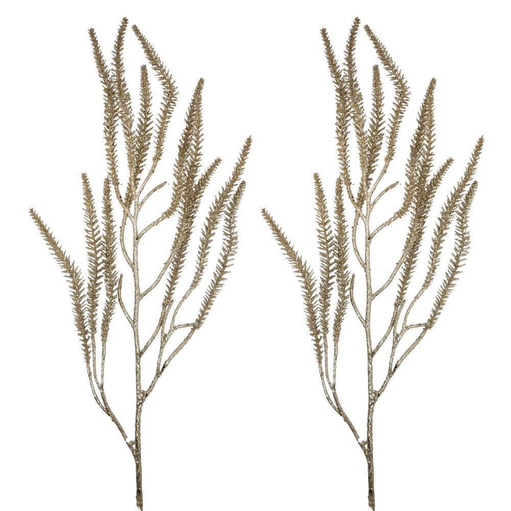 Jogo 2 Galhos Decorativo Natal Pinheiro Glitter Champanhe Luxo 43cm - Bela Flor - 1