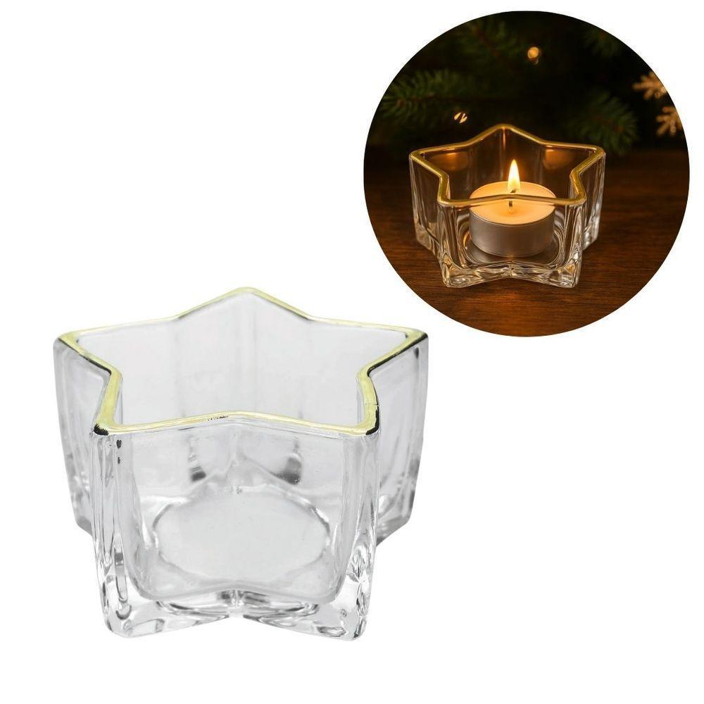 Porta Velas Castiçal Estrela Vidro Borda Dourada 10cm - Tuut - 1