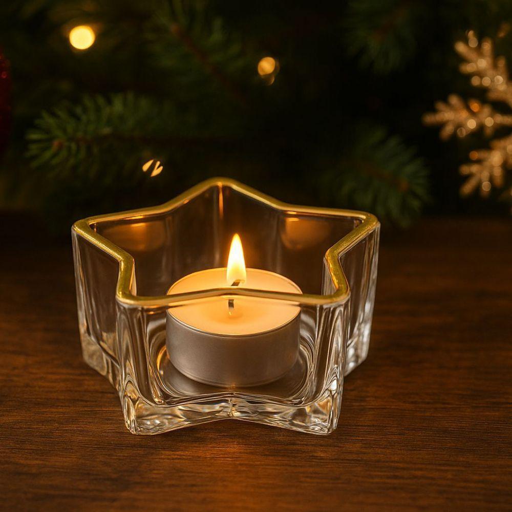 Porta Velas Castiçal Estrela Vidro Borda Dourada 10cm - Tuut - 2