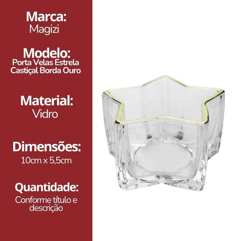 Porta Velas Castiçal Estrela Vidro Borda Dourada 10cm - Tuut - 6