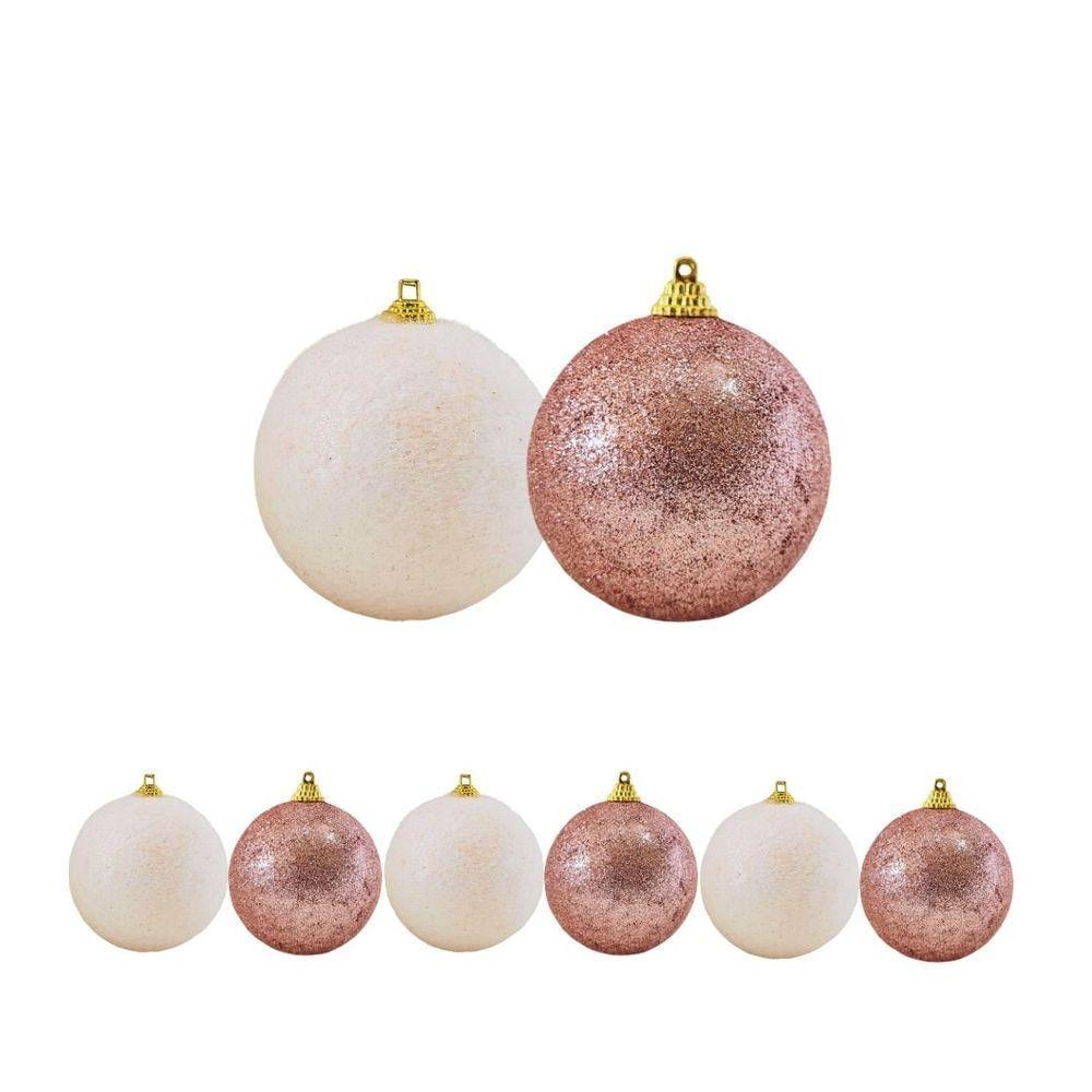 Jogo 6 Bolas De Natal Rosê Mistas Glitter E Flocada Luxo 8cm - Master Christmas - 1