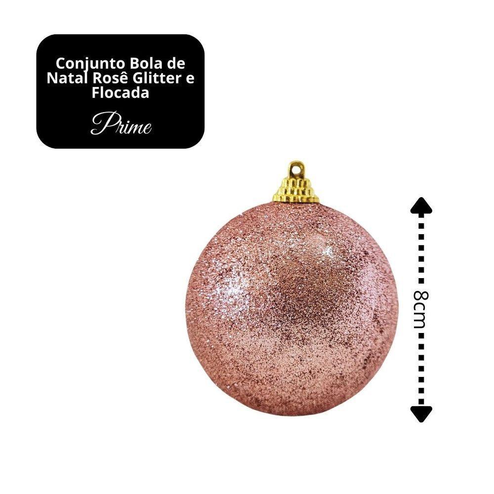 Jogo 6 Bolas De Natal Rosê Mistas Glitter E Flocada Luxo 8cm - Master Christmas - 5