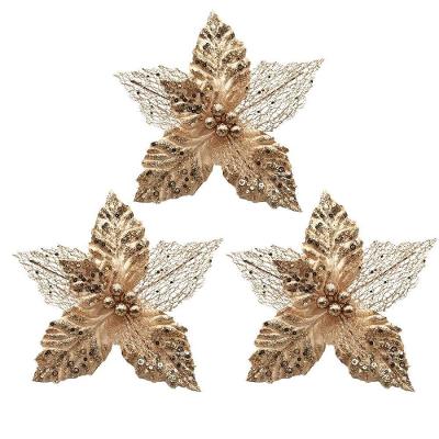 Kit 3 Flores Bico De Papagaio Pick Natal Vazado Veludo Champanhe Luxo Glitter E Lantejoulas 22cm
