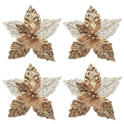 Kit 4 Flores Bico De Papagaio Pick Natal Vazado Veludo Champanhe Luxo Glitter E Lantejoulas 22cm