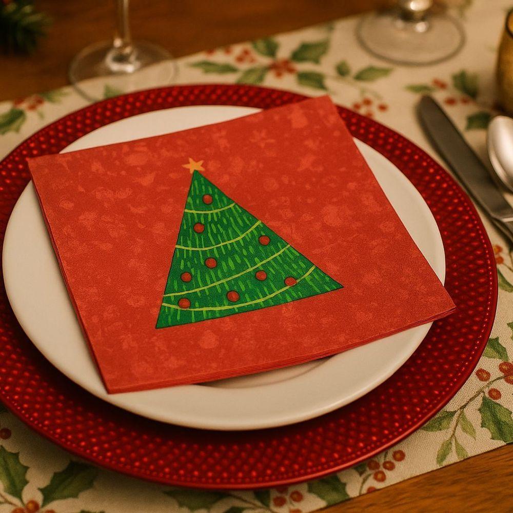 Kit Guardanapo De Natal Estampado Vermelho Pinheiro Verde 33x33cm Folha Dupla Prime 40 Unidades - 2