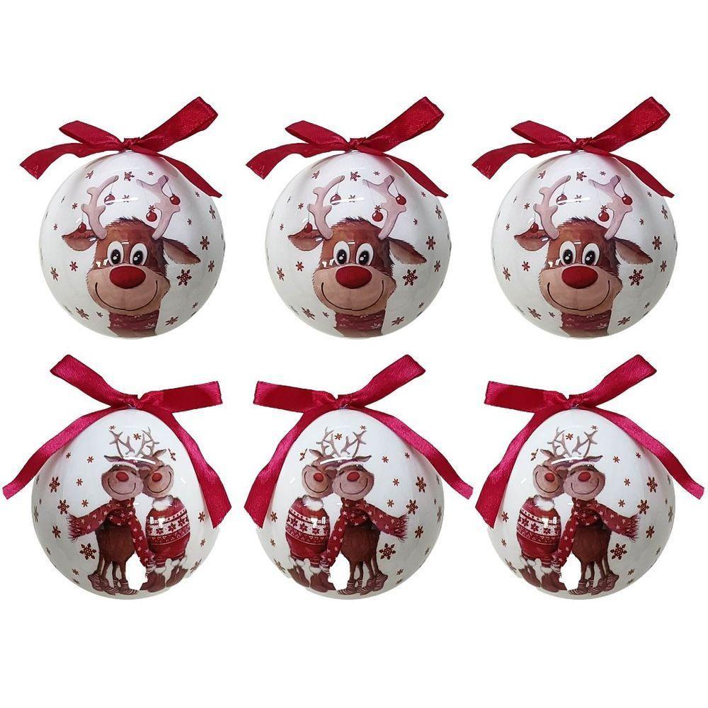 Conjunto 6 Bolas De Natal Decorada Branco Laqueado Premium Renas Love Com Laço Vermelho 7,5cm - 1