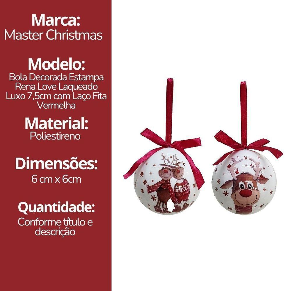 Conjunto 6 Bolas De Natal Decorada Branco Laqueado Premium Renas Love Com Laço Vermelho 7,5cm - 7