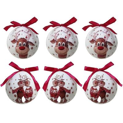 Conjunto 6 Bolas De Natal Decorada Branco Laqueado Premium Renas Love Com Laço Vermelho 7,5cm