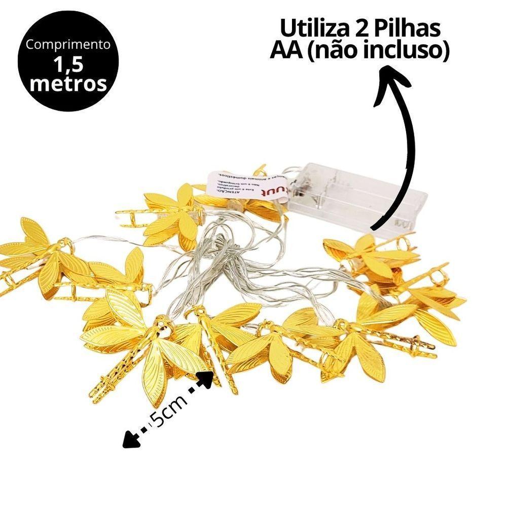 Cordão Iluminado Libélula Metal Dourado 10 Lâmpadas Led Branco Quente 1,5m - 3