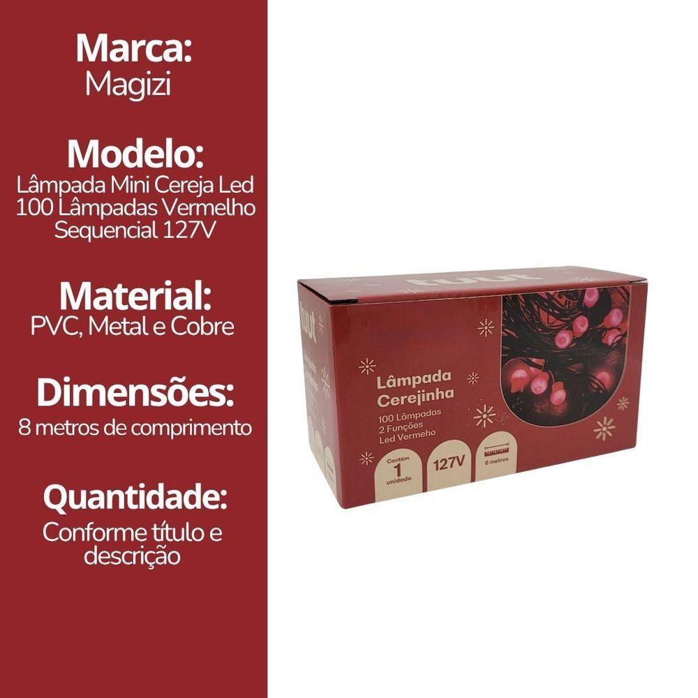 Pisca Sequencial Cerejinha Natal Led Vermelho 100 Lâmpadas 127v 8 Funções - 8